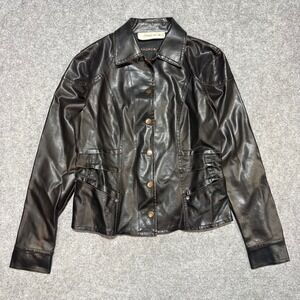 Paris Blue Brown Faux Leather Distressed Button Front Jacket‎ Womens Medium